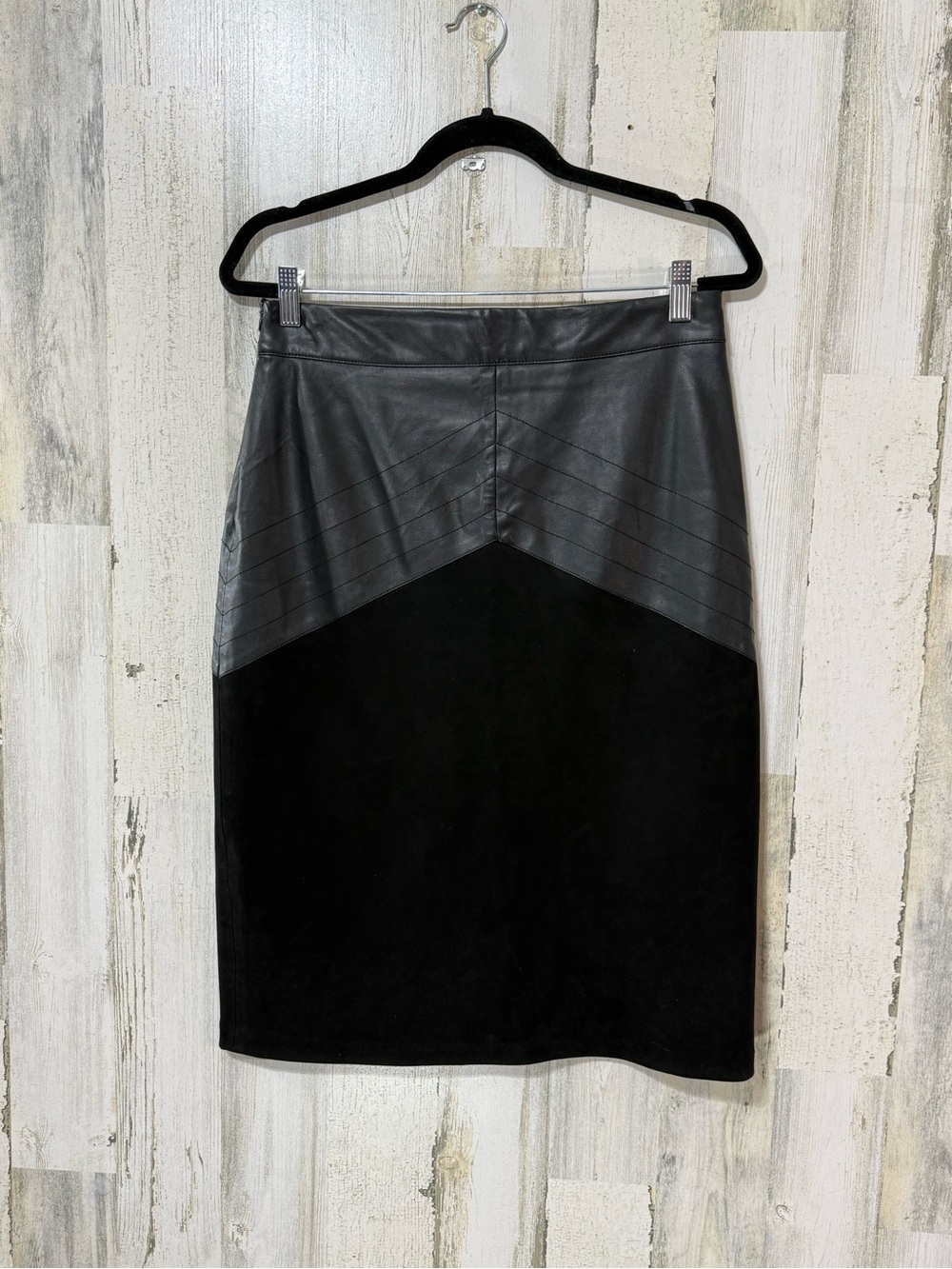 Two-Tone Black Faux Leather & Suede Pencil Skirt